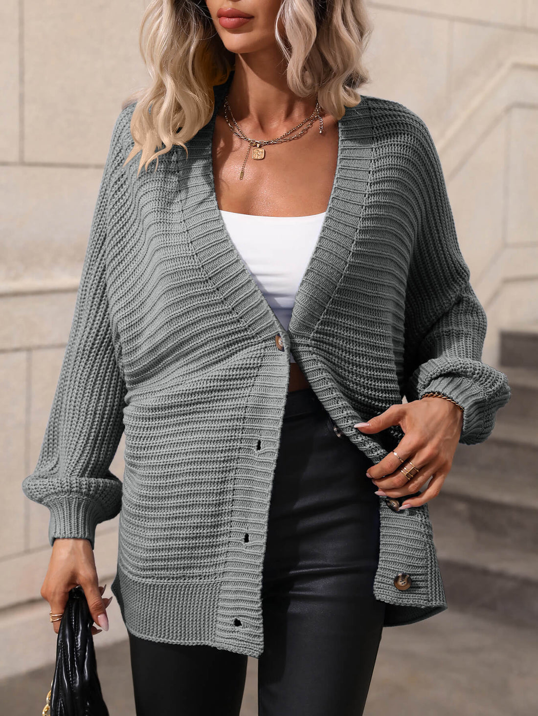 Casual but Classy Button Down Horizontal-Ribbing Longline Cardigan