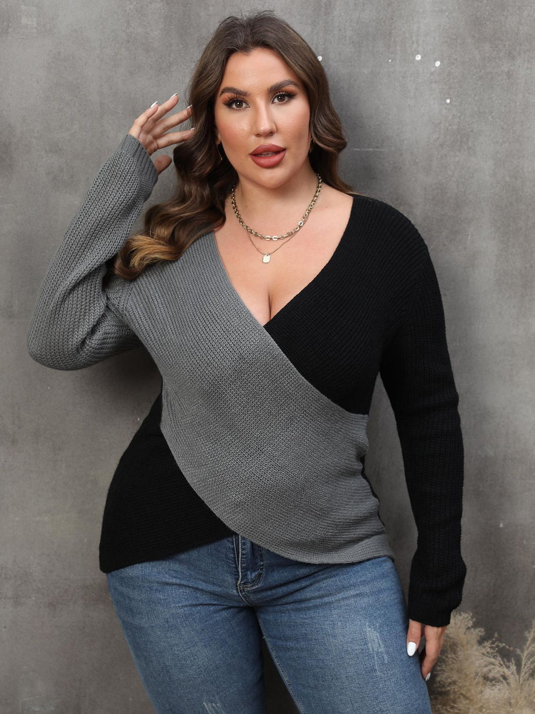 Vivacious Diva Plus Size Two-Tone Surplice Neck Sweater