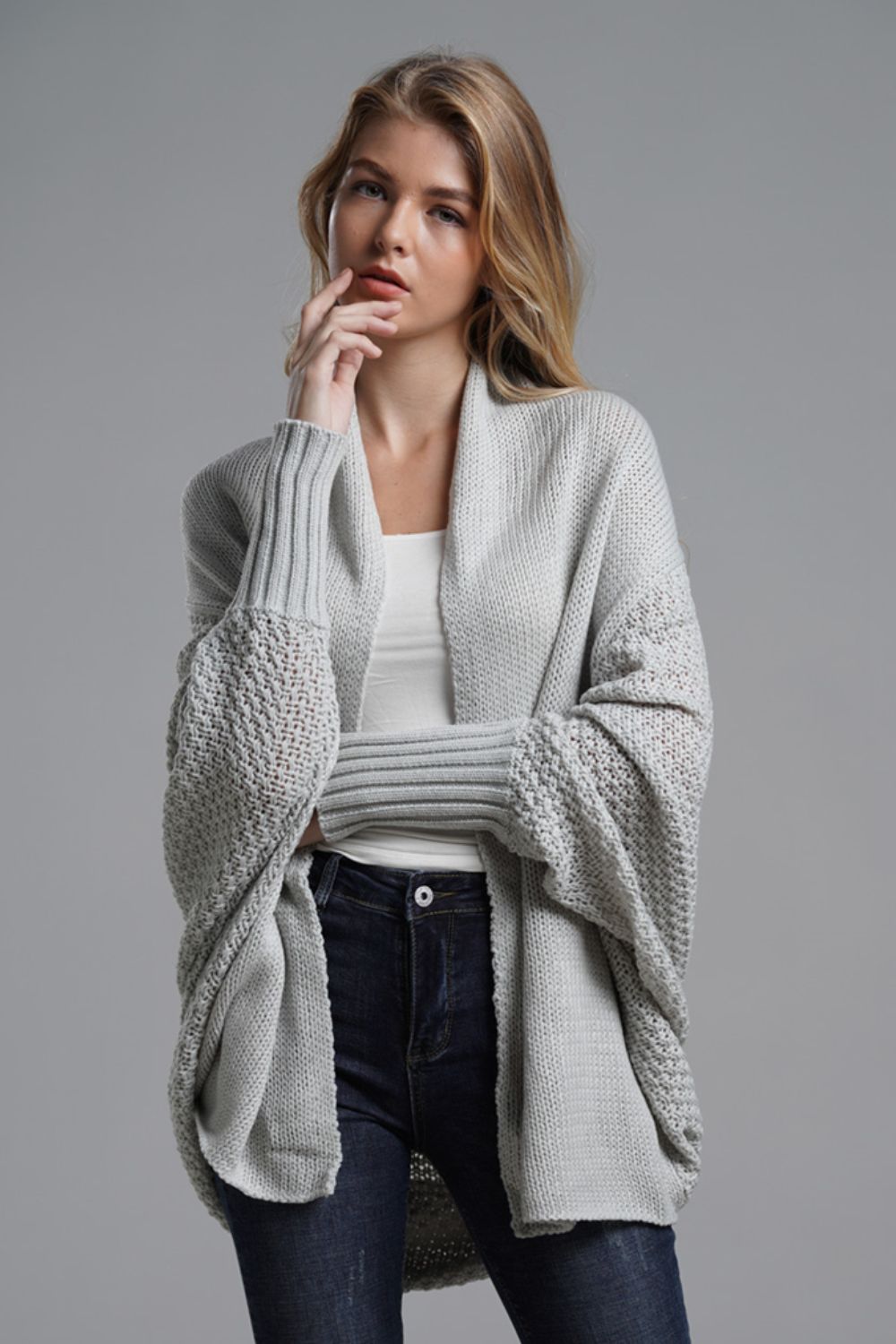 Modern Lady of Elegance Dolman Sleeve Open Front Ribbed Trim Longline Cardigan
