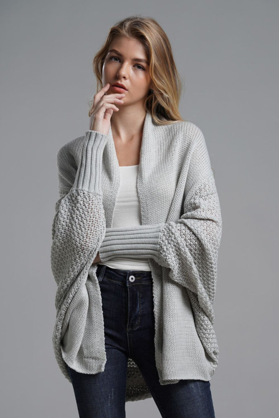 Modern Lady of Elegance Dolman Sleeve Open Front Ribbed Trim Longline Cardigan