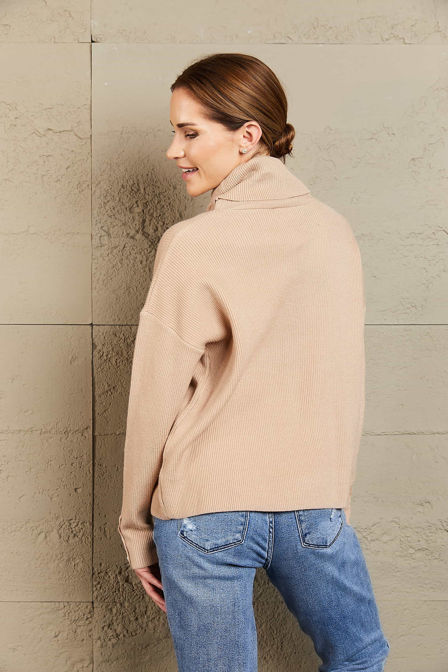 Woven Right Button Detail Rib-Knit Turtleneck Sweater