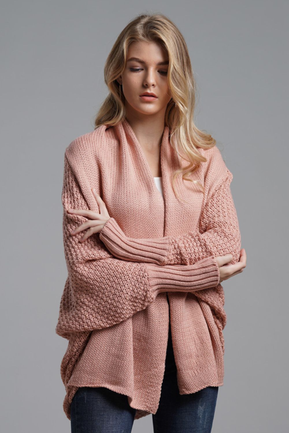 Modern Lady of Elegance Dolman Sleeve Open Front Ribbed Trim Longline Cardigan