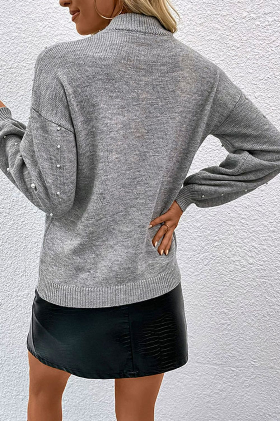 Pearl Bejeweled Dropped Shoulder Ribbed Trim Sweater