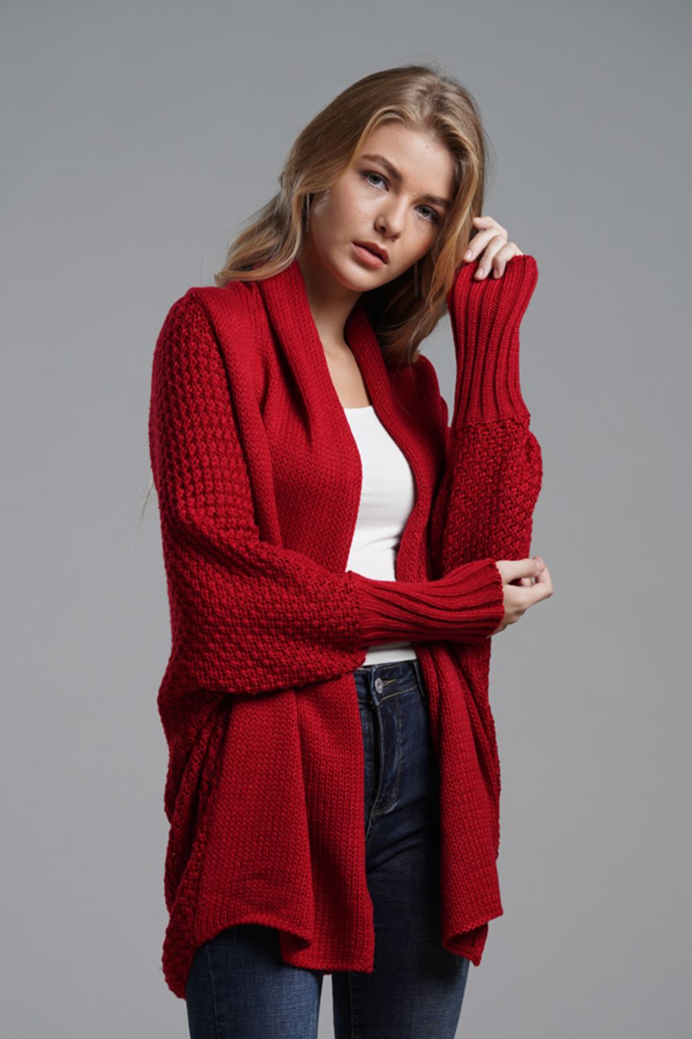 Modern Lady of Elegance Dolman Sleeve Open Front Ribbed Trim Longline Cardigan
