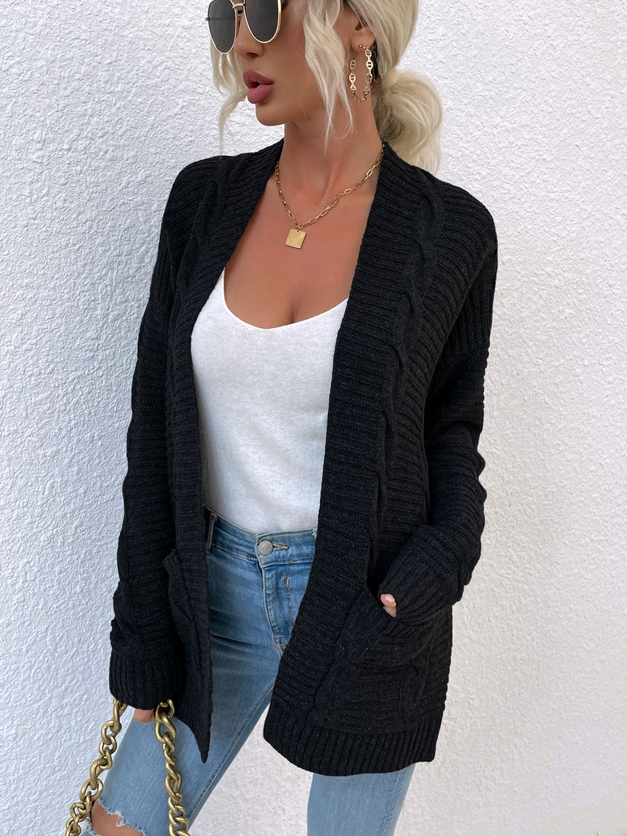 Cable-Knit Open Front Cardigan with Pockets