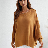 Exposed Seam Dropped Shoulder Slit Sweater