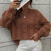 Woven Right Cable-Knit Openwork Round Neck Sweater
