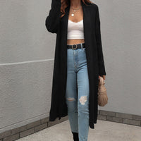 Waffle Knit Open Front Duster Cardigan With Pockets